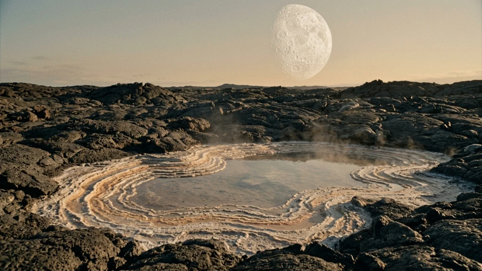 A shallow steaming pool set in dark volcanic rock, ringed by many concentric pale mineral terraces left by earlier shorelines, with an oversized Moon hanging low in a pale sky
