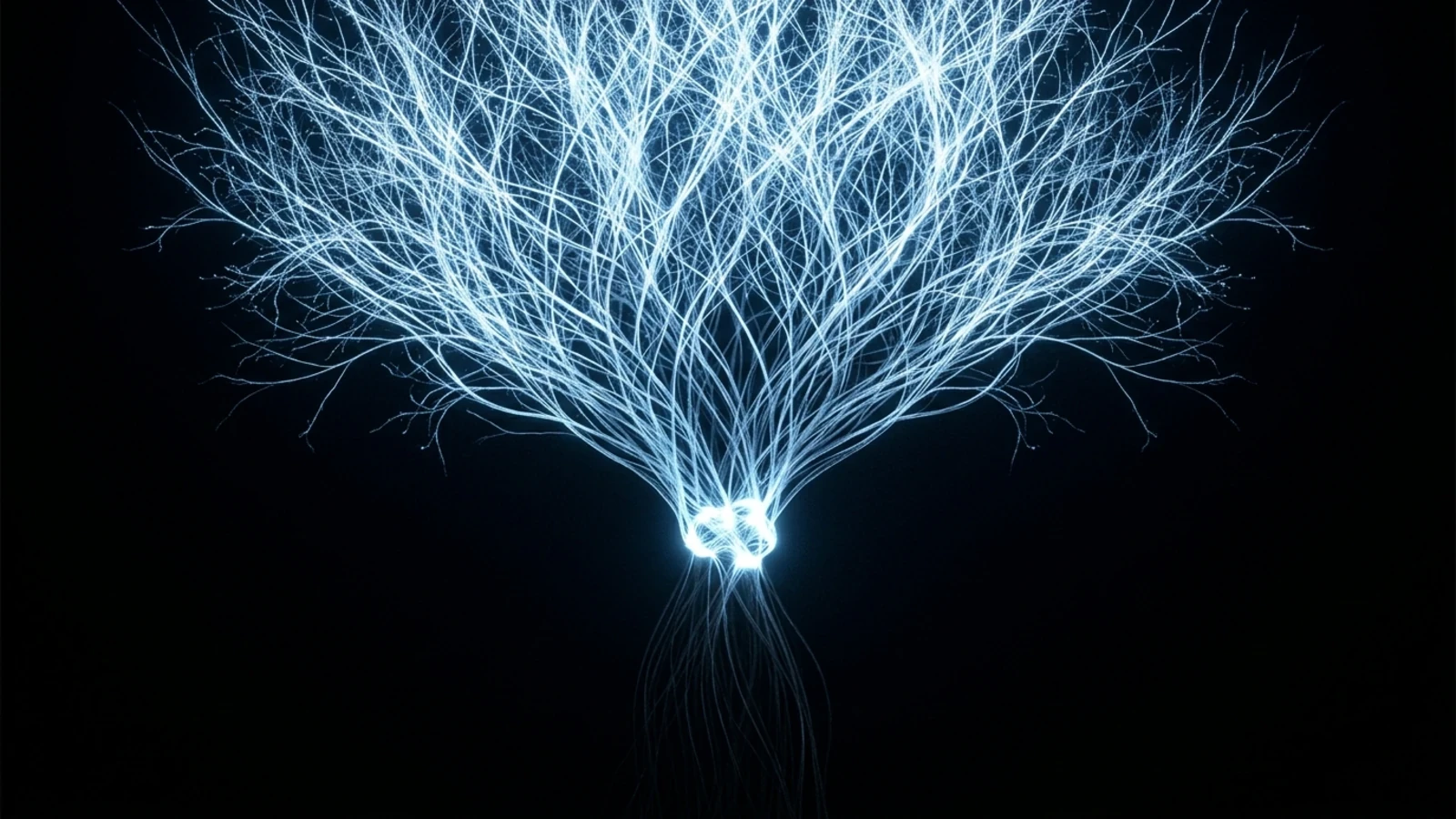 Luminous branching threads converging into a single bright knot, with darker threads continuing below it into blackness