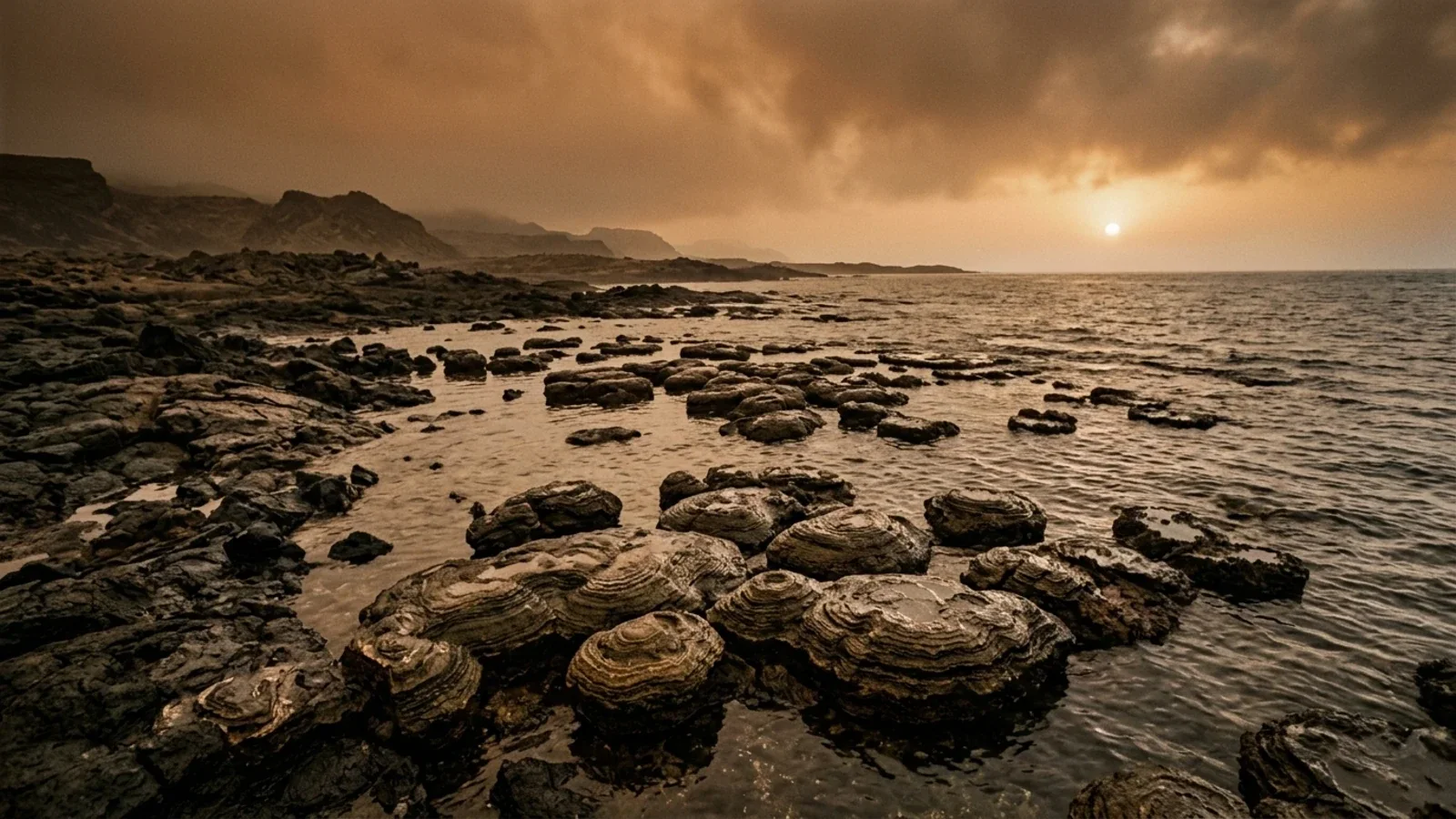 Layered stromatolite domes in shallow water on a barren early Earth shoreline under a hazy orange sky