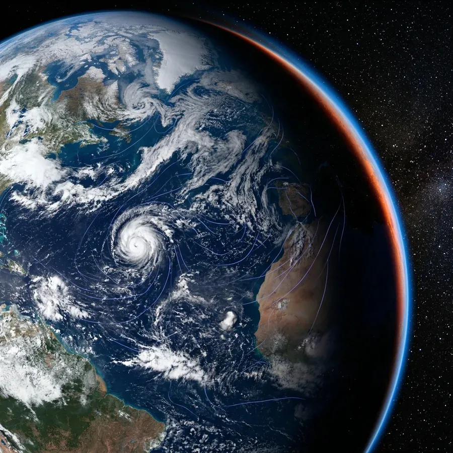 Global weather pattern forecast overlaid with a neural network's prediction grid