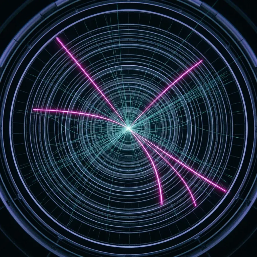 Cascade of LHC collision tracks with one event highlighted by an anomaly-detection network