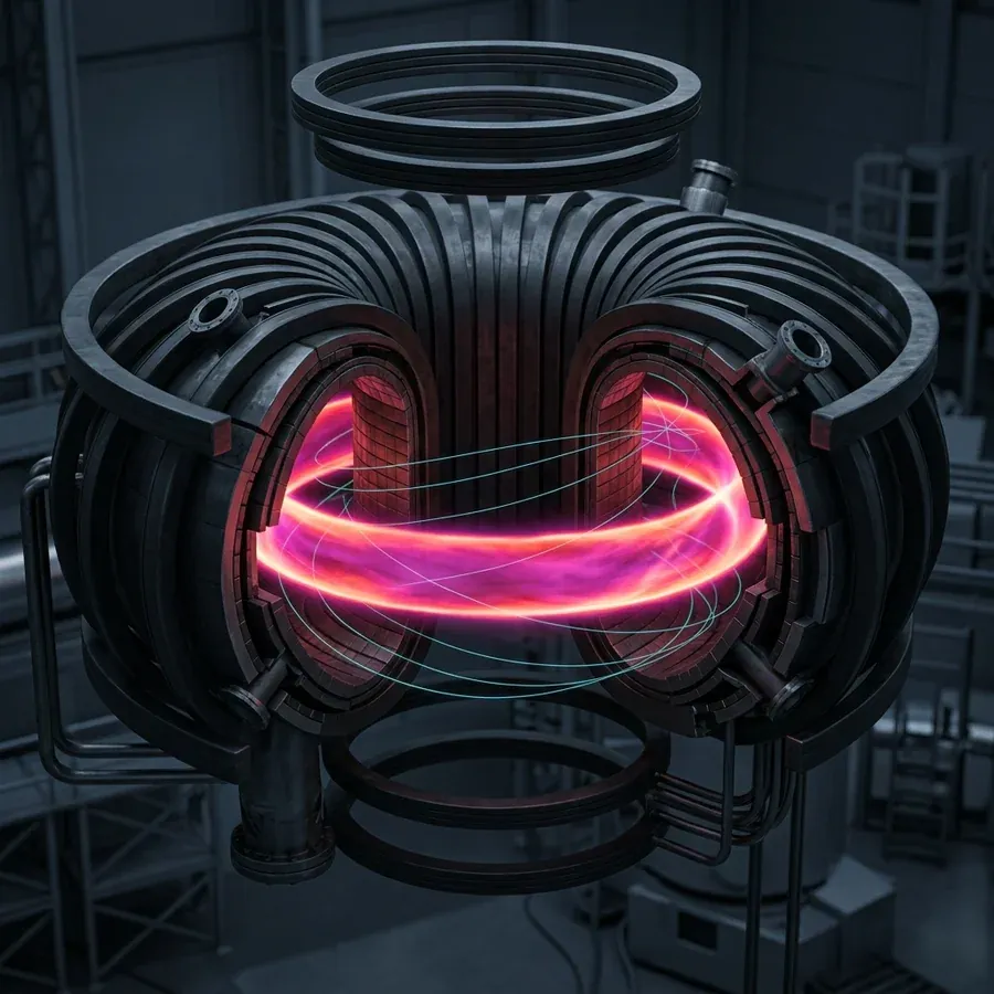 Glowing torus of fusion plasma held in shape by magnetic field lines inside a tokamak