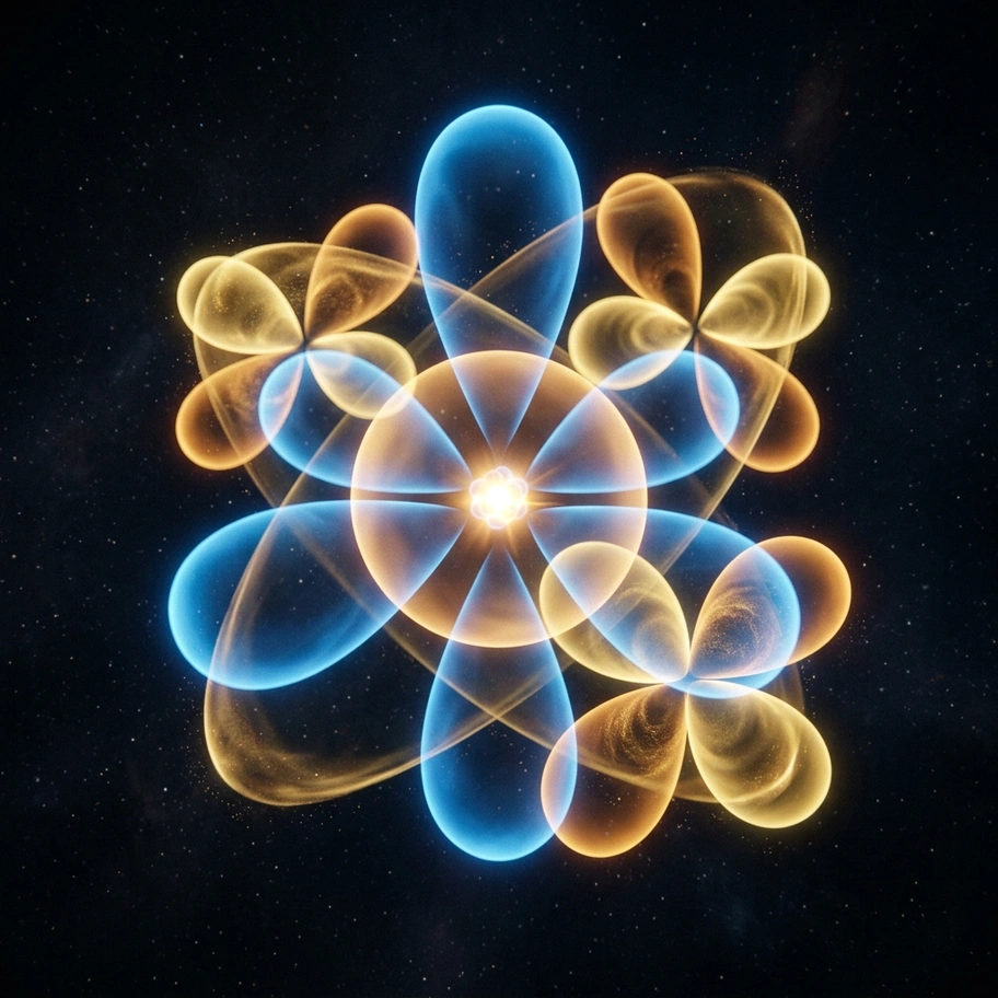 Electron probability clouds forming orbital shapes around an atomic nucleus
