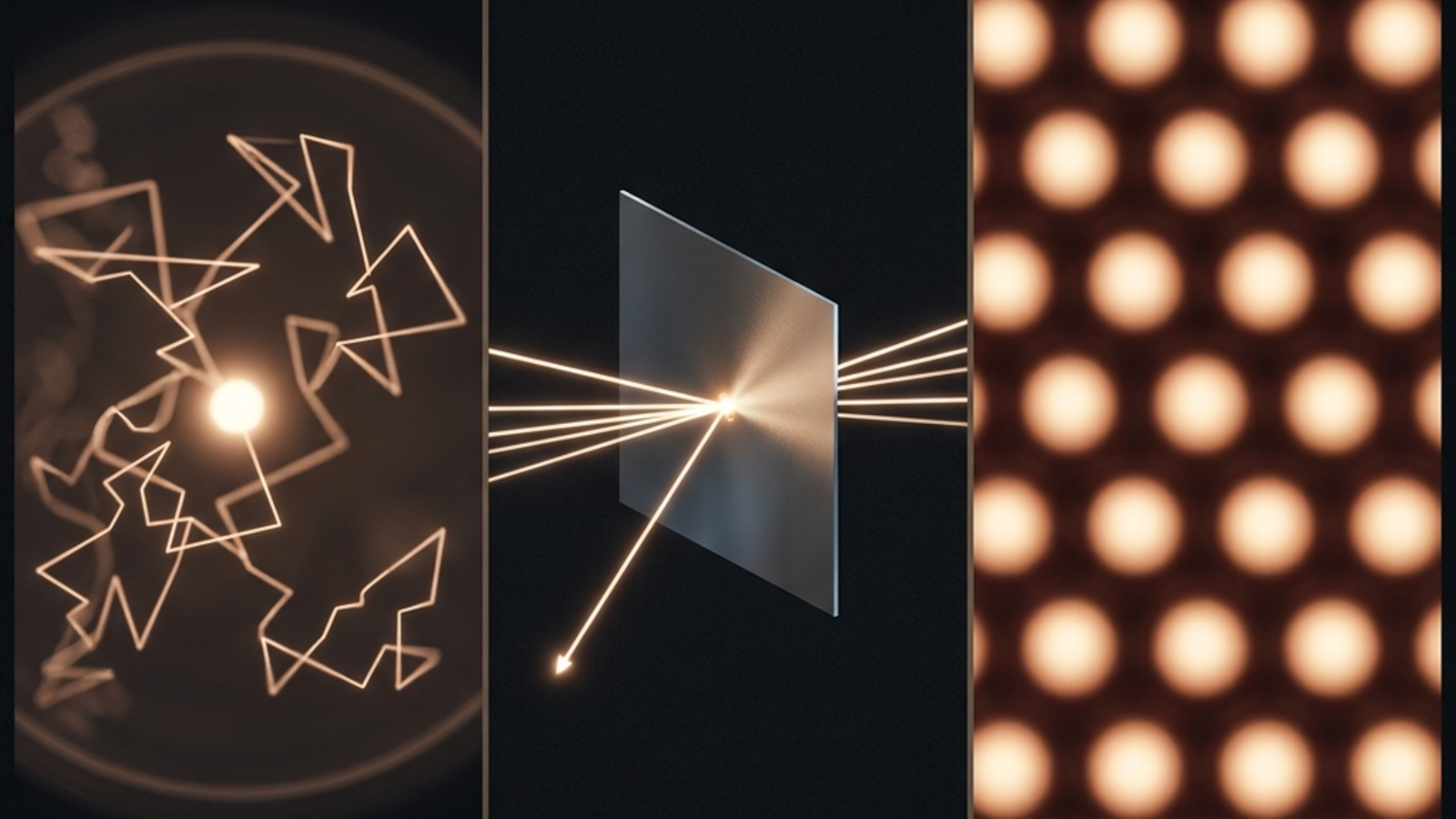 Historical progression from Brownian motion sketch to Rutherford gold foil experiment to scanning tunneling microscope image of individual atoms on a surface