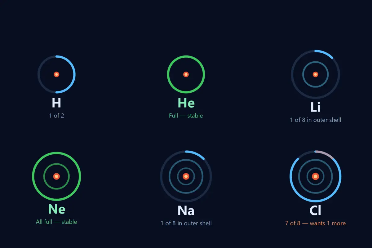 Shell diagrams of several elements showing electron counts in each shell, with noble gases highlighted as having complete outer shells while alkali metals have one extra outer electron and halogens have one missing