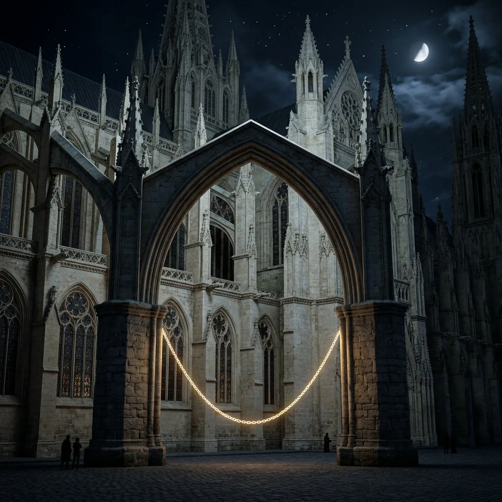 The stone ribs and flying buttresses of a Gothic cathedral seen from outside at night, with a faint glowing chain hanging from the two ends of one great arch, tracing the same curve upside down