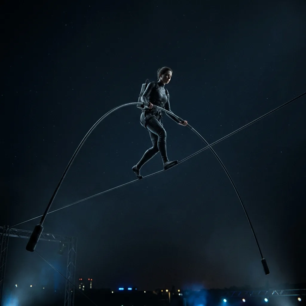 A tightrope walker seen from below against a dark sky, carrying a long pole that droops at both ends far below the wire, one foot forward on the line and the body leaning slightly to one side mid-correction