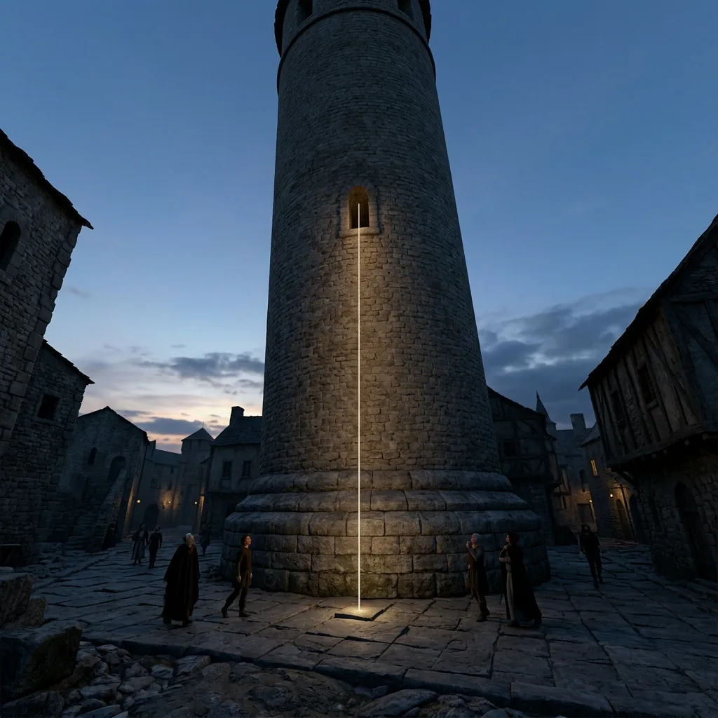 A tall leaning stone tower at dusk seen from its base, with a single thin line of light dropping vertically from a point partway up its height and landing on the ground just inside the tower's footing