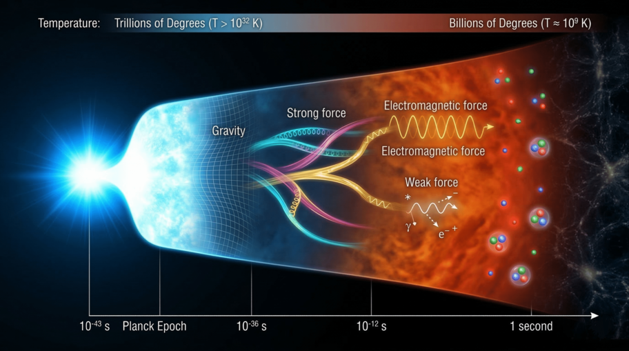 Early Universe Timeline Forces Separating as Temperature Drops
