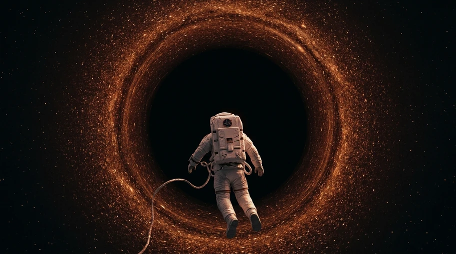 An astronaut falling toward a supermassive black hole, the outside sky crowded into a reddened ring ahead