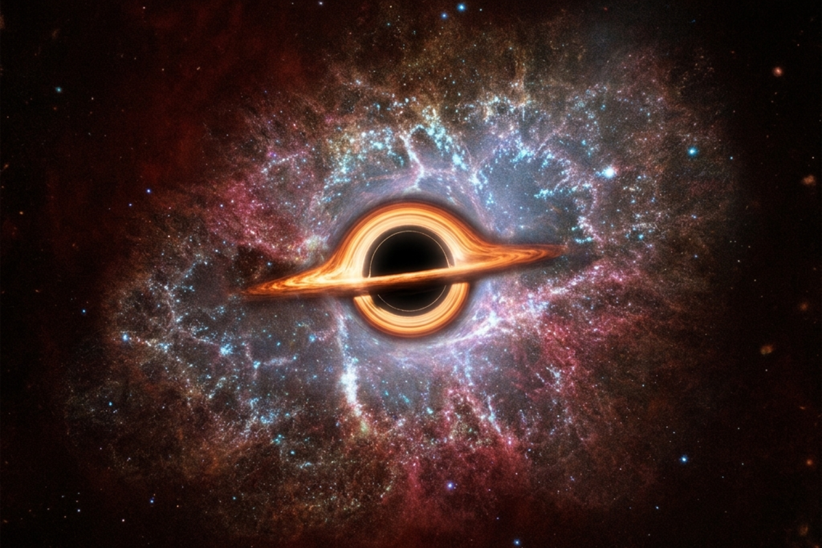 A luminous supermassive black hole surrounded by a bright accretion disk inside a young irregular galaxy only a few hundred million years after the Big Bang, with faint reddish cosmic microwave background behind it