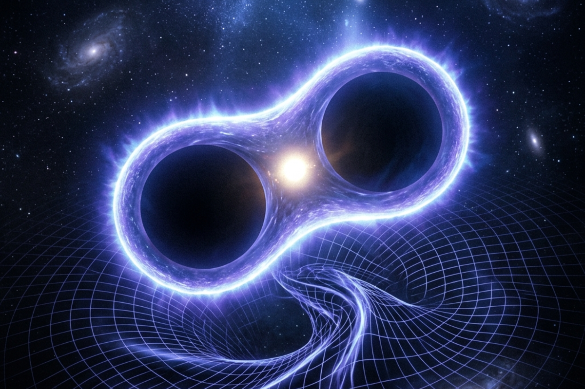 Two black holes merging with a common horizon forming around both, enclosing the space between them