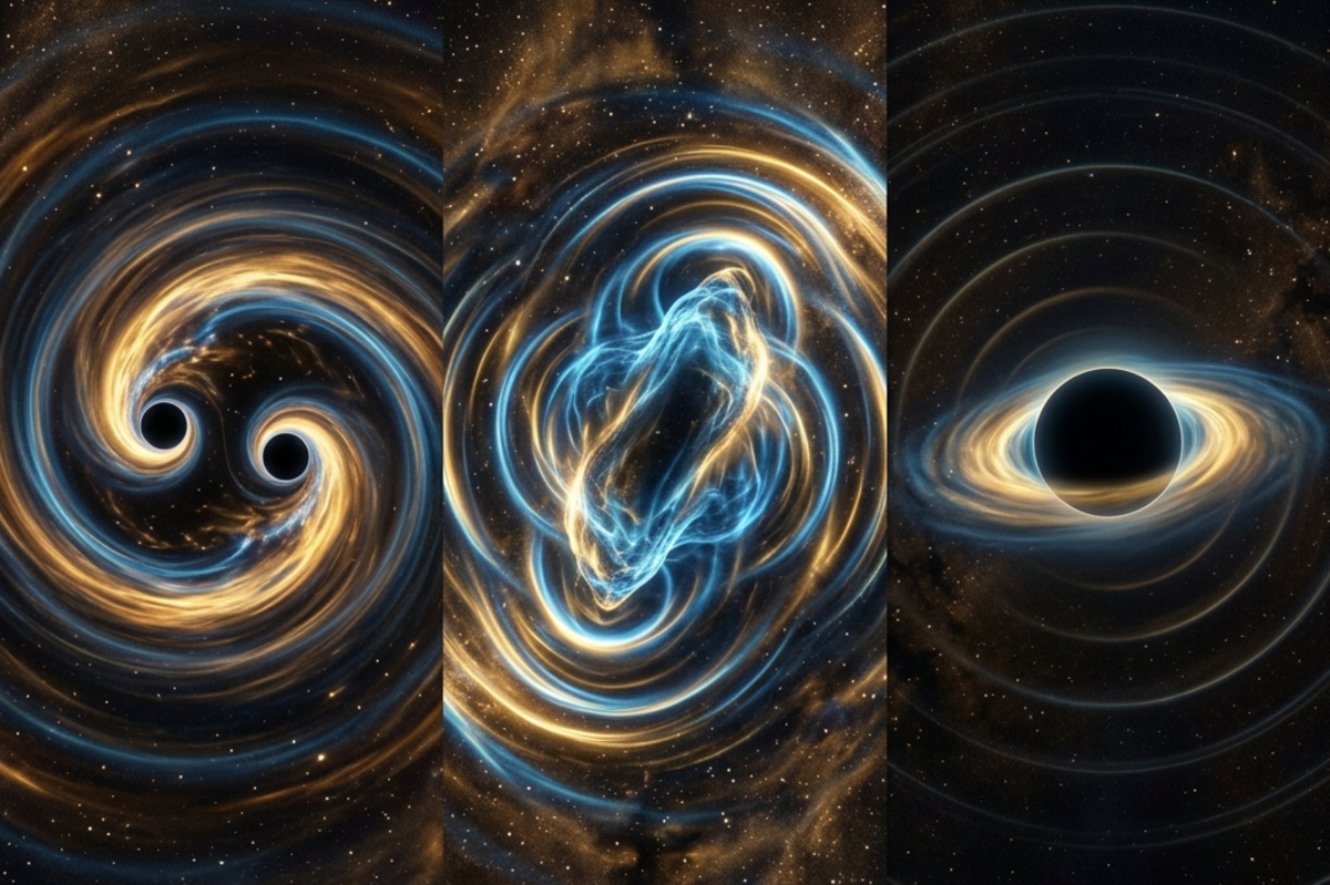 Two black holes merging into a deformed single black hole that rings and settles into a perfect shape, radiating gravitational waves