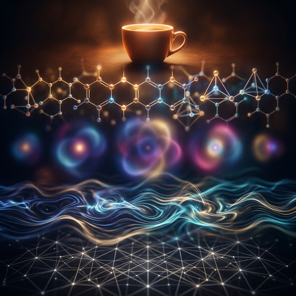 A vertical cutaway showing an elevator shaft descending through layers of reality - a coffee cup at the top, then molecules, atoms, particles, glowing quantum fields, and at the very bottom a faint abstract lattice of pure light