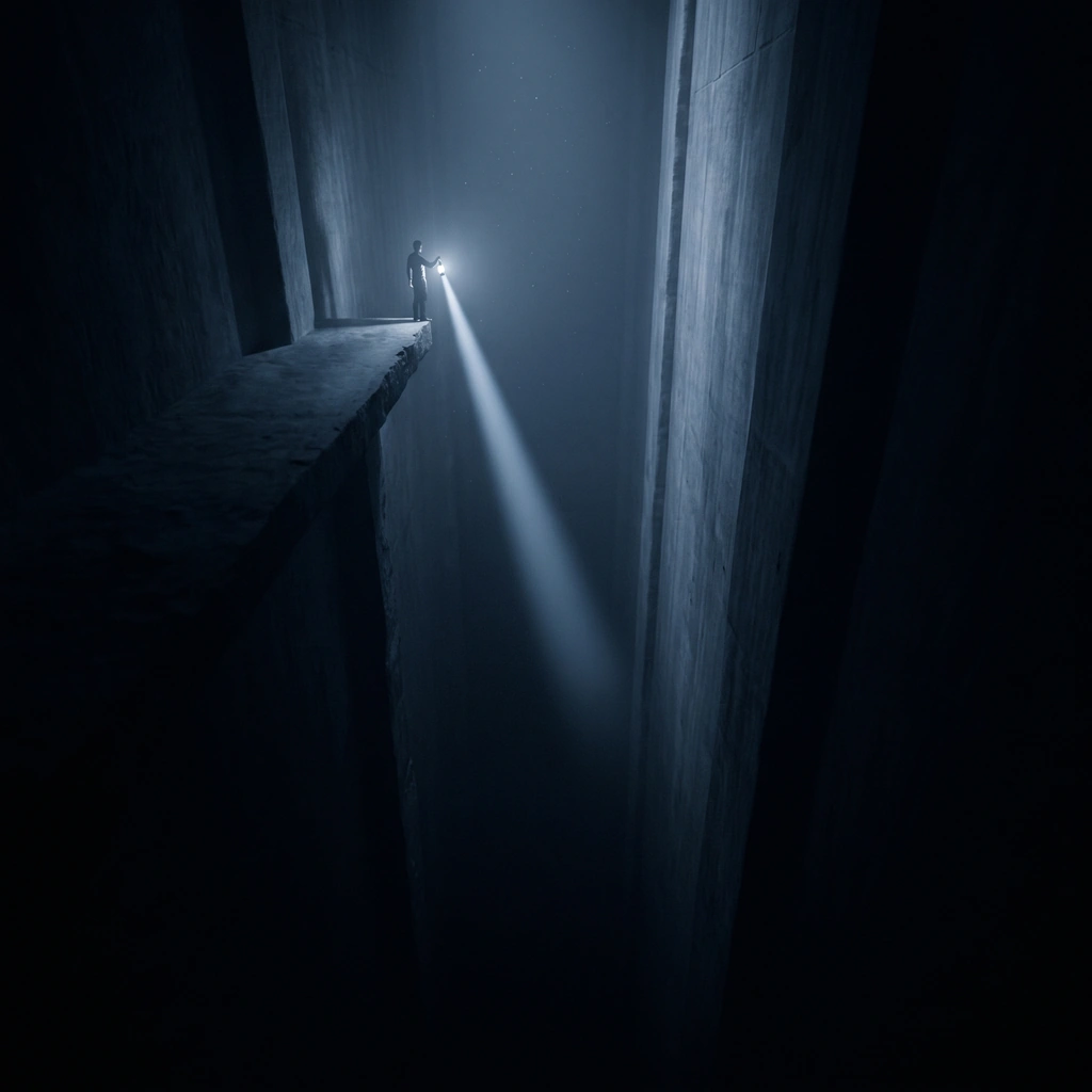 A small figure standing at the end of a narrow stone ledge high in an immense vertical shaft, shining a single lamp beam straight down - the beam picks out the sheer walls for a stretch, then thins and dissolves into featureless black that gives no sign of whether the shaft ends or continues