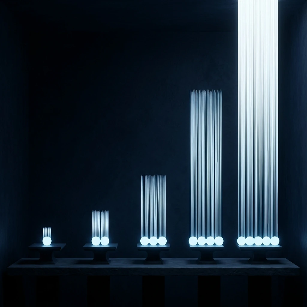 Five pedestals on a dark shelf holding one, two, three, four and five identical pale glowing spheres, with a pillar of fine luminous threads rising above each group - every pillar more than twice the height of the one before it, until the last saturates to solid white and runs off the top of the frame