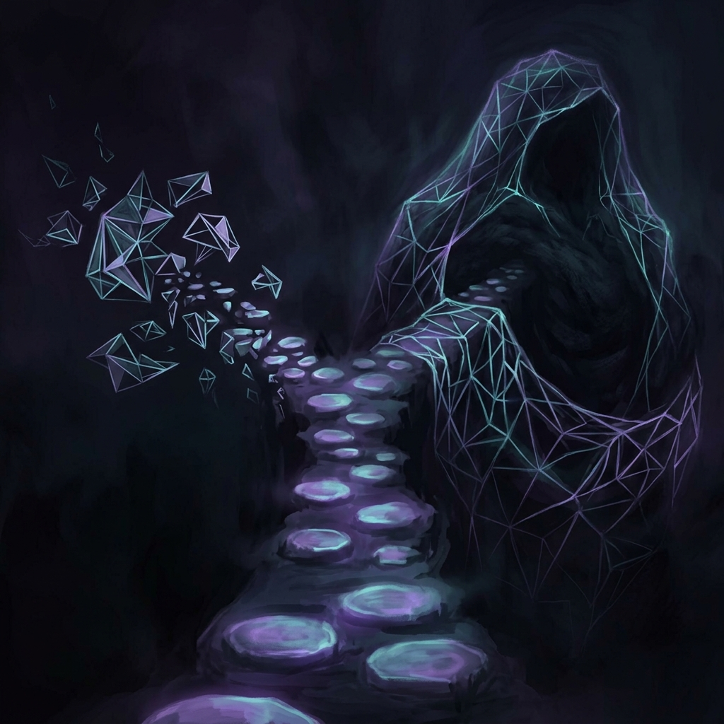A path of glowing stepping stones descending into darkness and splitting in two - the left branch dissolving into pure crystalline geometric structure floating with nothing beneath it, the right branch showing the same structure draped like a net over a dark, veiled, unknowable mass