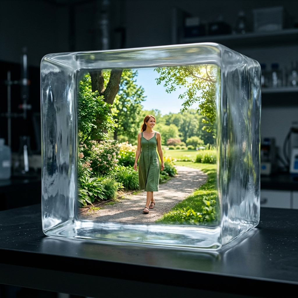 A winding river frozen into a single transparent crystal block seen from the side, with a tiny glowing human figure inside the block mid-stride, experiencing the flow that the block itself does not have