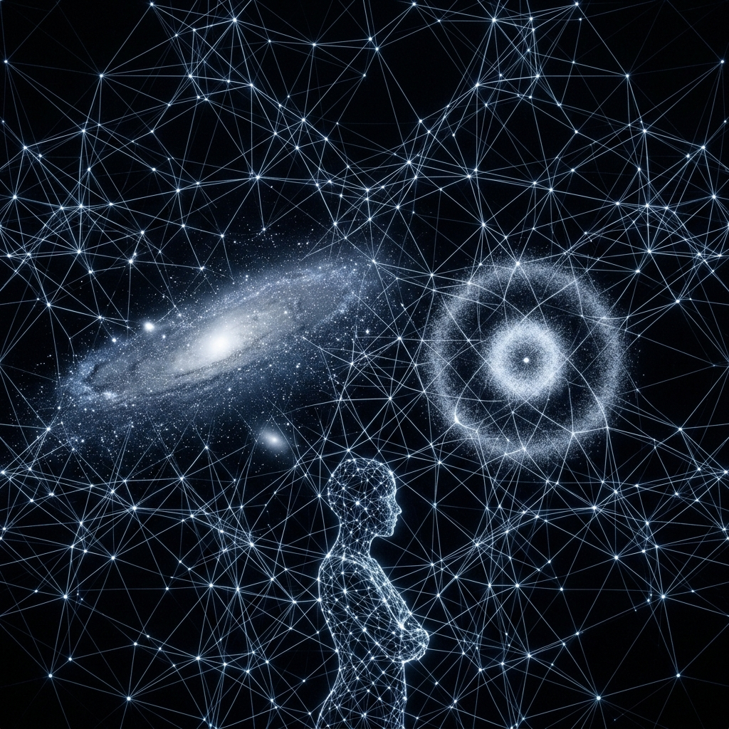 A vast dark void containing only an intricate three-dimensional network of bright points connected by fine lines of light, with a faint ghostly overlay of stars, atoms, and a human silhouette emerging from the network's texture