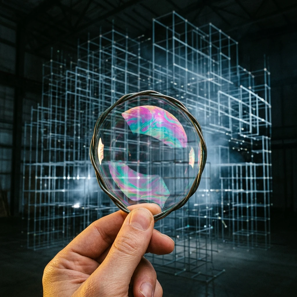 A hand holding a small wire loop with an iridescent soap film, sharp and close in the foreground, dwarfed by a vast dim blue-gray lattice of grid points and struts receding into a dark hall behind it
