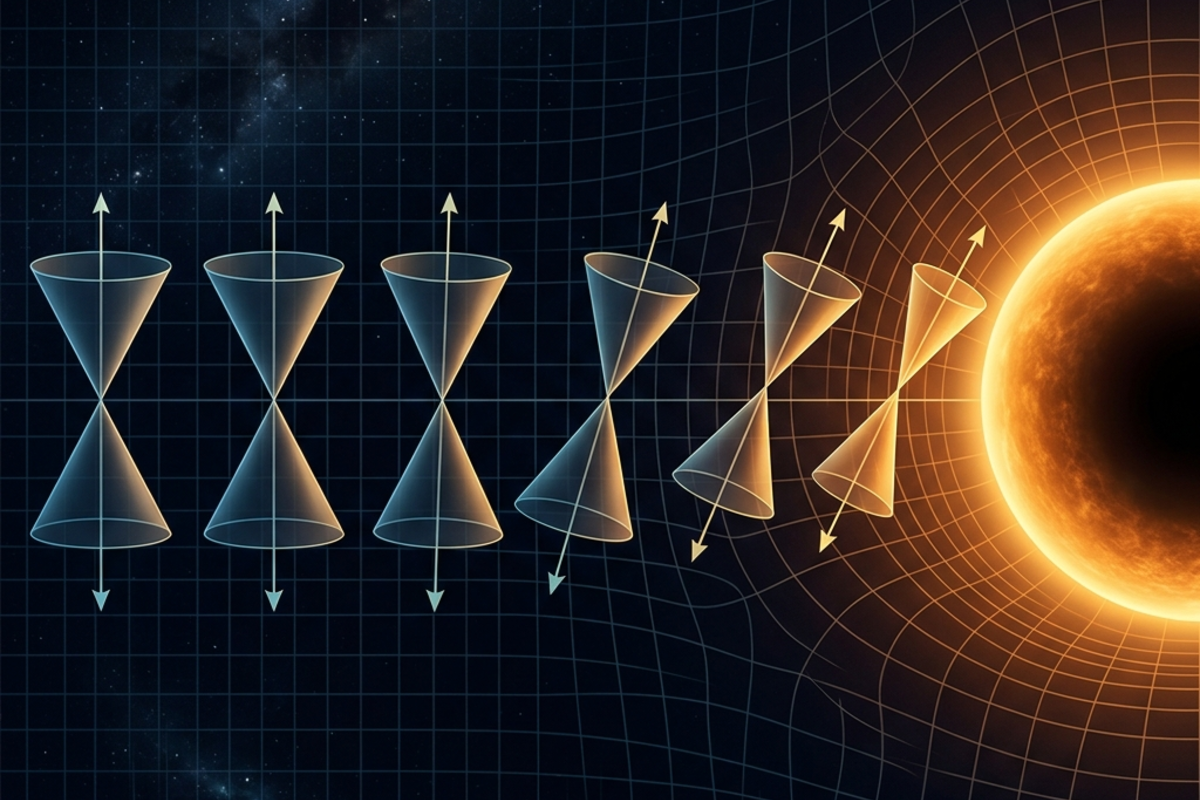 Light cones progressively tilting inward near a massive object, showing how spacetime curvature bends the causal structure