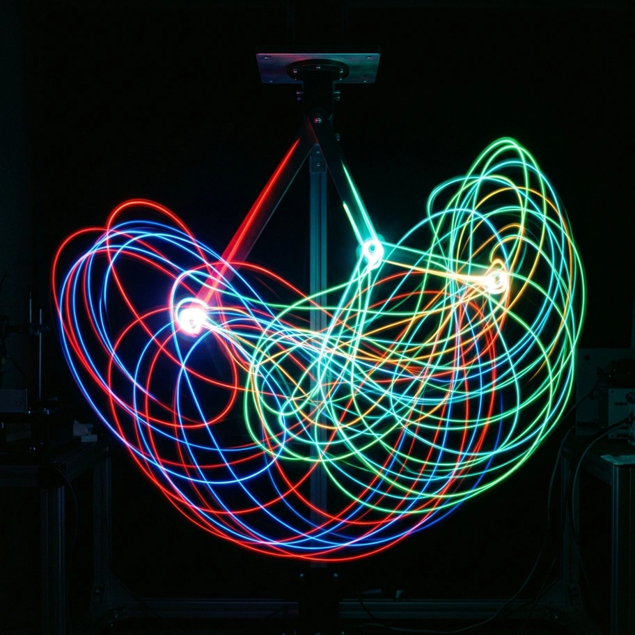 Double pendulum tracing chaotic light trails