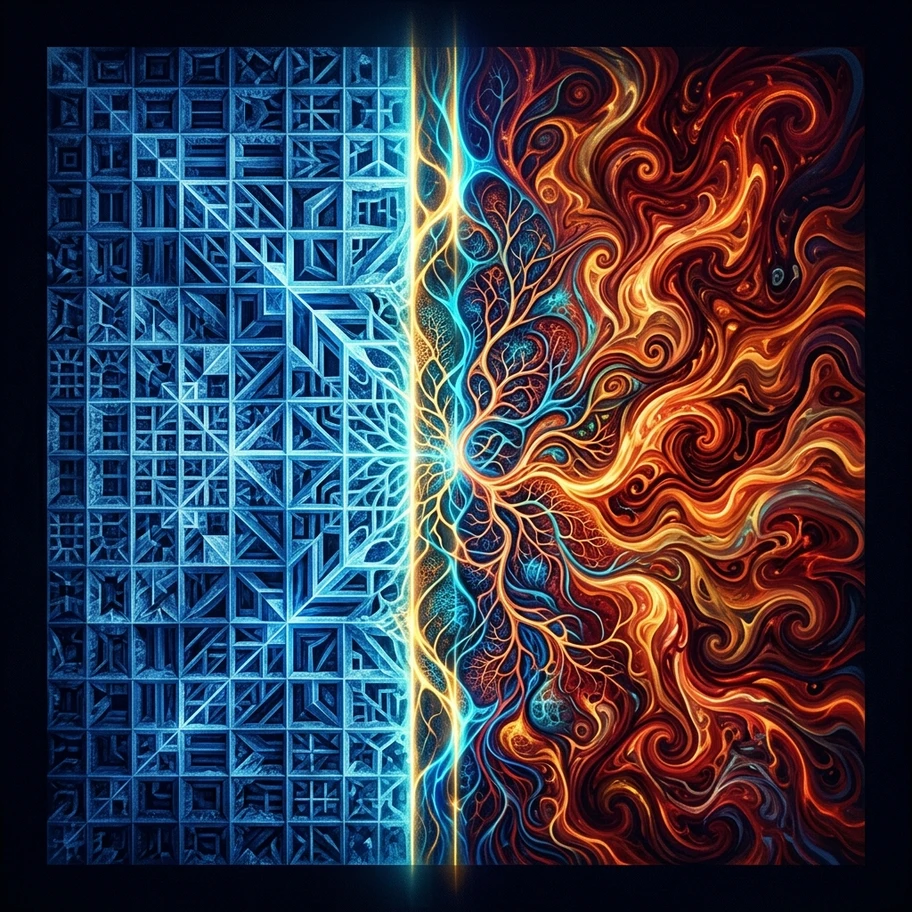 Abstract visualization of order-chaos boundary with crystalline structure on one side transitioning to turbulent swirls on the other with a glowing fertile zone between