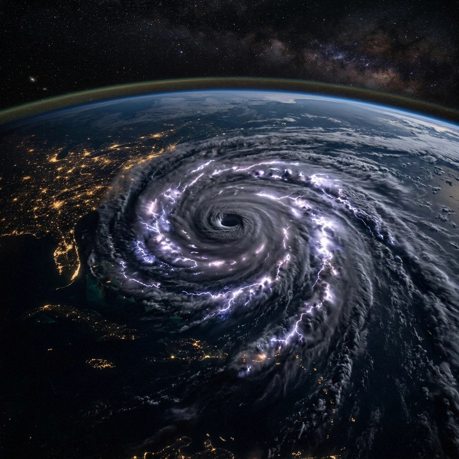 Hurricane spiral structure seen from space showing chaotic atmospheric dynamics