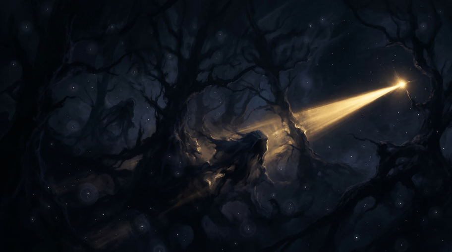 Dark cosmic forest with faint silhouettes of civilizations hiding among stars, one carelessly emitting a beacon of light