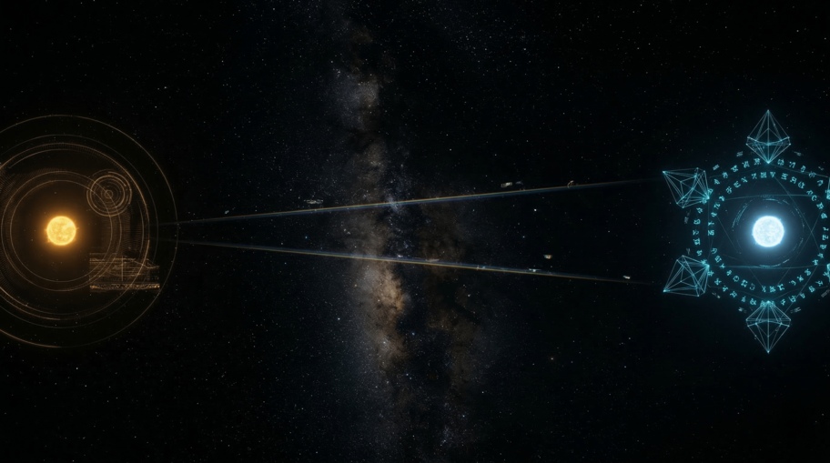 Two distant star systems analyzing each other's signals across vast interstellar distance