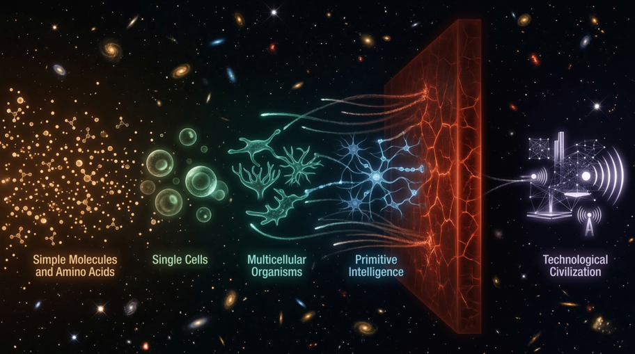 Progression from simple chemistry to spacefaring civilization with a barrier blocking most paths