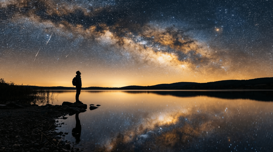 Humanity looking up at a sky full of possibilities, starlight reflecting on water below