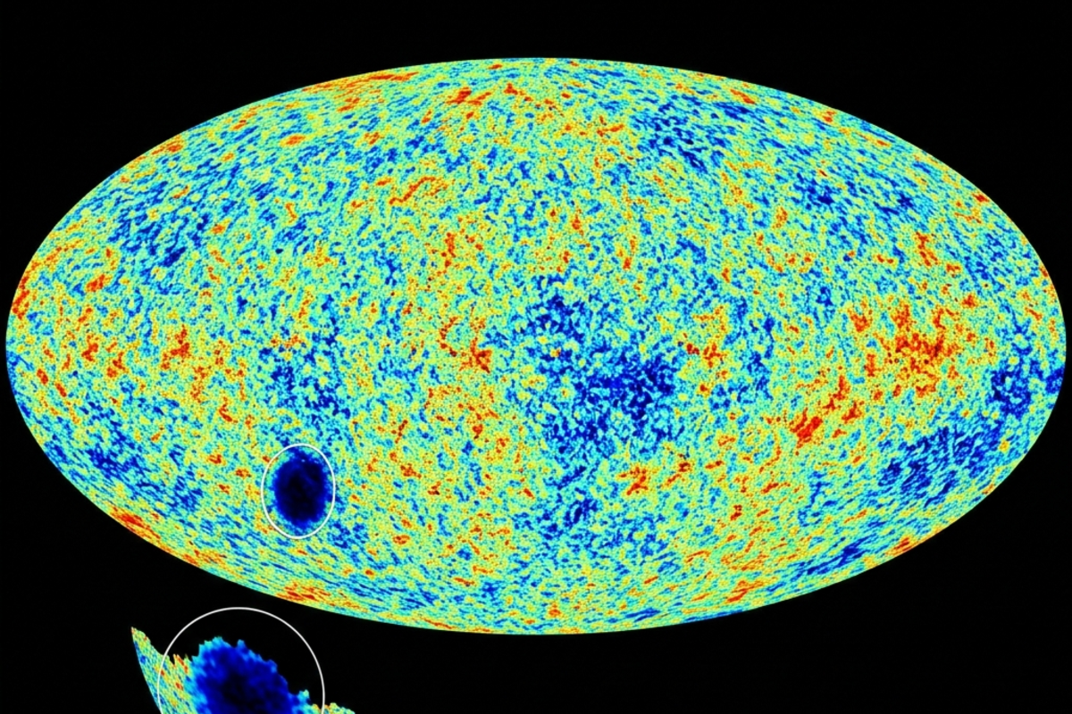 Full-sky CMB temperature map with an unusually deep cold region circled in the constellation Eridanus, contrasted with the typical red and yellow fluctuation pattern everywhere else