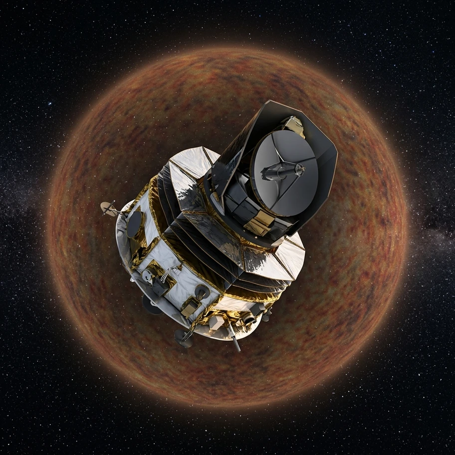 Planck satellite orbiting in space mapping the cosmic microwave background