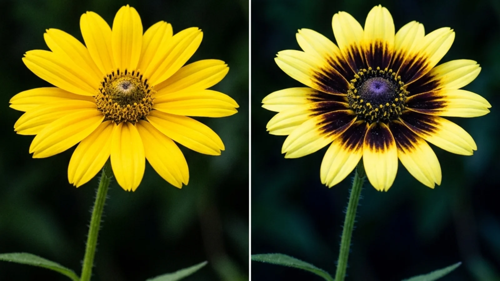 A flower photographed in normal visible light next to the same flower photographed in ultraviolet, showing a sharp UV bullseye pattern that humans cannot see but bees use to find nectar