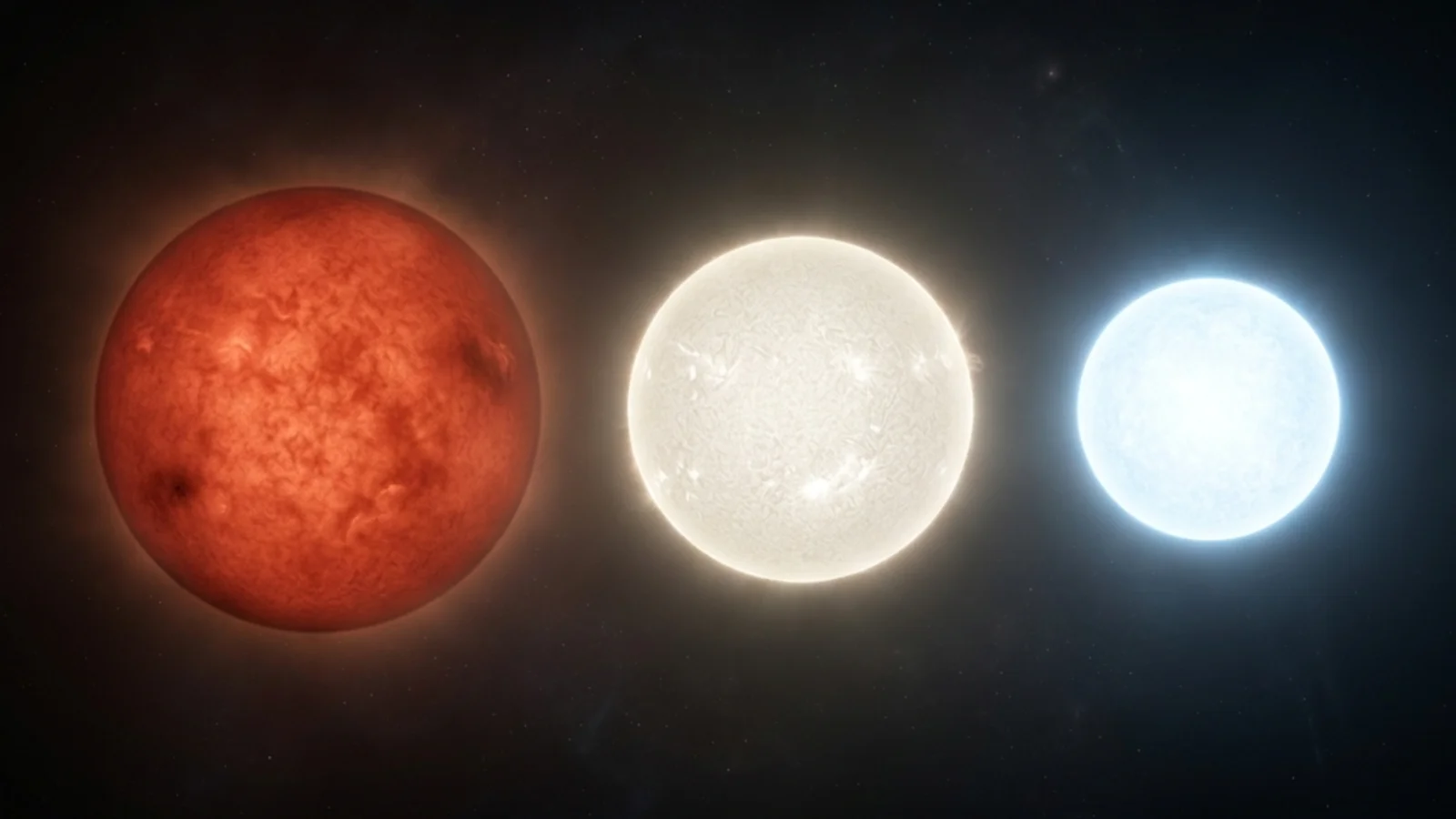 Side-by-side comparison of three stellar disks: a cool red giant, the yellow-white Sun, and a hot blue-white star, each with its corresponding blackbody emission curve below it