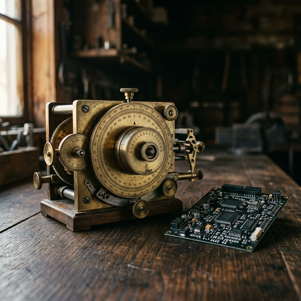 A vintage brass precision instrument beside a modern circuit board, contrasting analog and digital computation