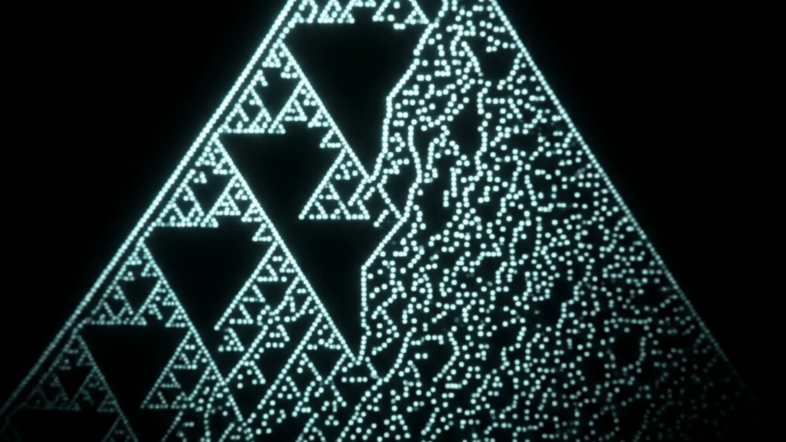 A cellular automaton evolution: a black background with a triangular fractal-like pattern of glowing cyan cells, formed by repeatedly applying a single simple rule to each row to generate the next, showing how complexity emerges from minimal local interactions