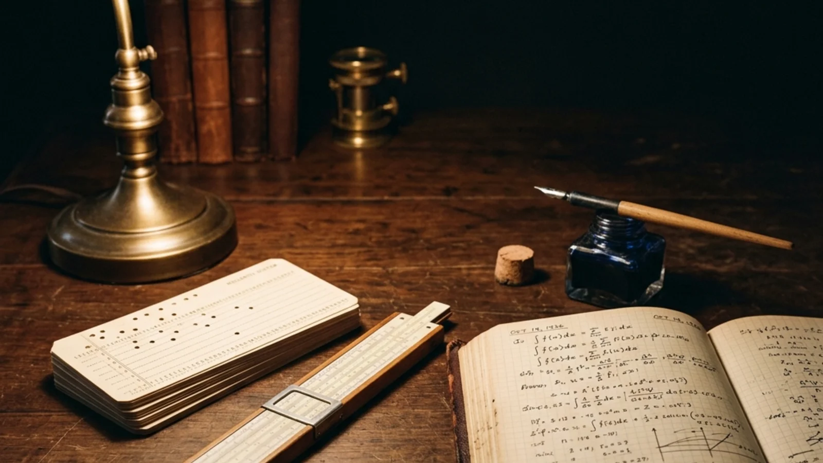 A vintage punch-card stack and a polished slide rule arranged together on a dark wooden desk, lit from one side with soft warm light, evoking the early-twentieth-century mathematical and engineering culture from which Turing's machines emerged