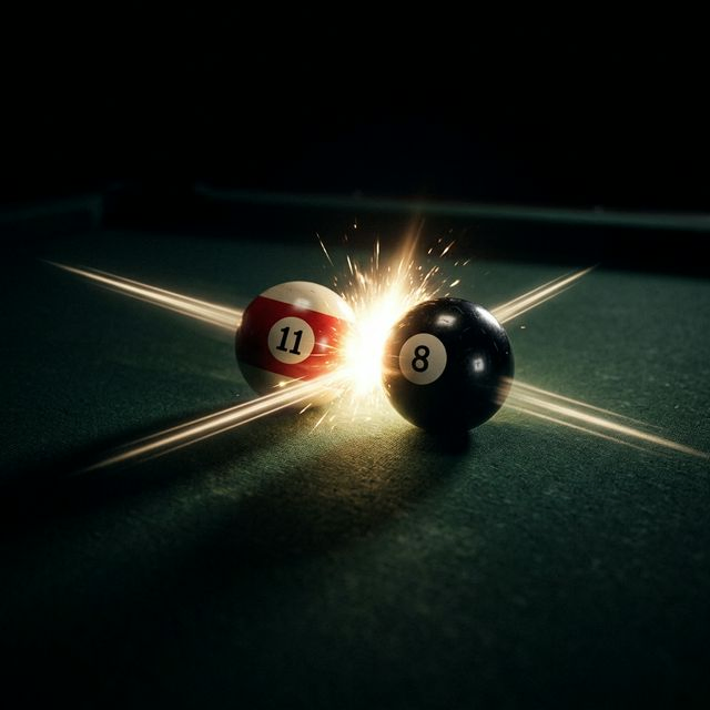 Two billiard balls colliding, momentum vectors shown before and after impact