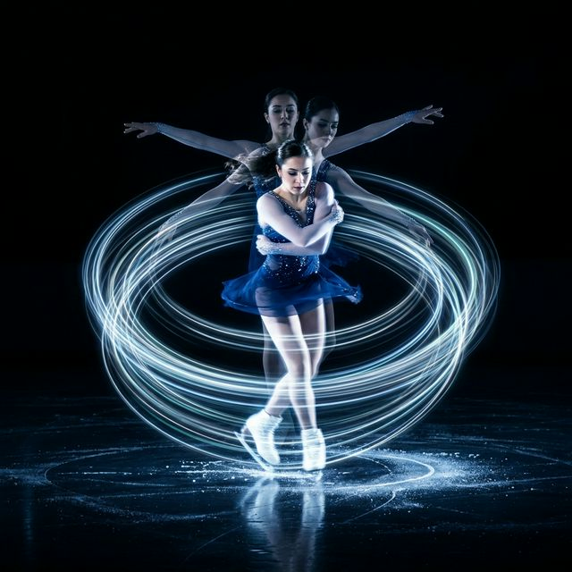 Ice skater spinning with arms pulled inward, rotation speed increasing