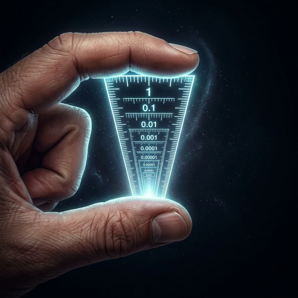 A thumb and forefinger holding open a small vertical gap, and inside it a glowing wedge of ruler scales labeled 1, then 0.1, then 0.01, then 0.001 and on downward, each scale finer than the one above it, shrinking to a bright point