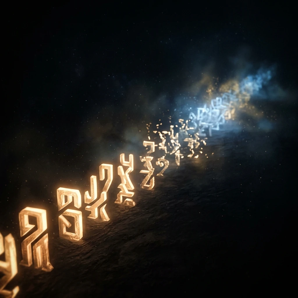 A long strip of glowing digits after a decimal point stretching into the distance across darkness, the first digits carved sharp and bright like monument stone, the middle digits softening and flickering, and the far digits dissolving entirely into drifting luminous fog