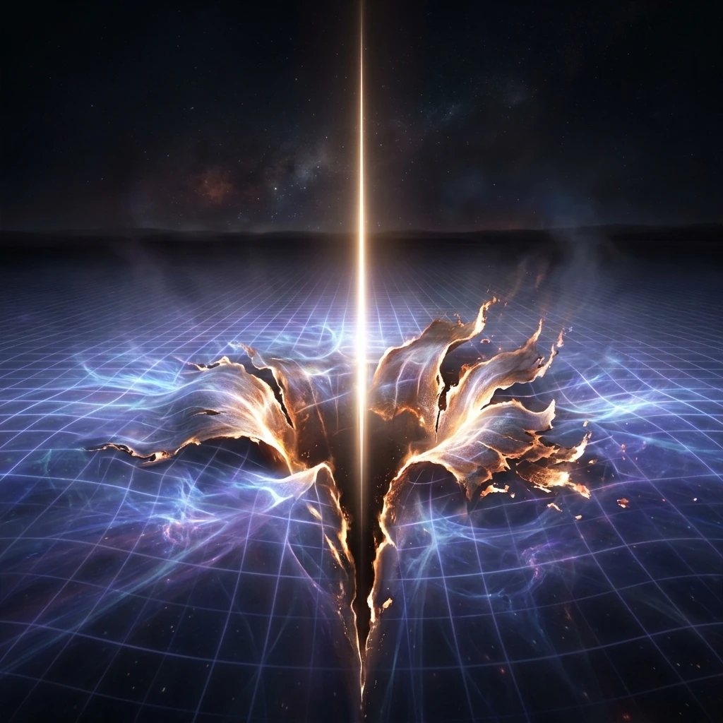 A glowing grid-ruled sheet of spacetime stretching away to a horizon, split down the middle by a rift whose edges curl back and burn like paper, with a blinding shaft of light standing upright in the tear