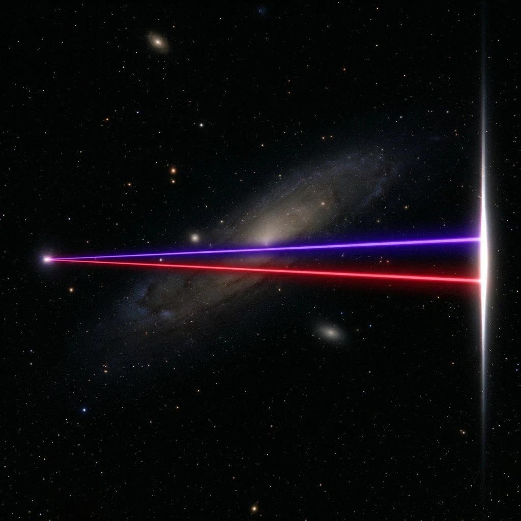 A violet beam and a deep red beam running side by side out of a single bright point at the left, crossing a starfield past a distant galaxy, and reaching a bright vertical line at the right edge together