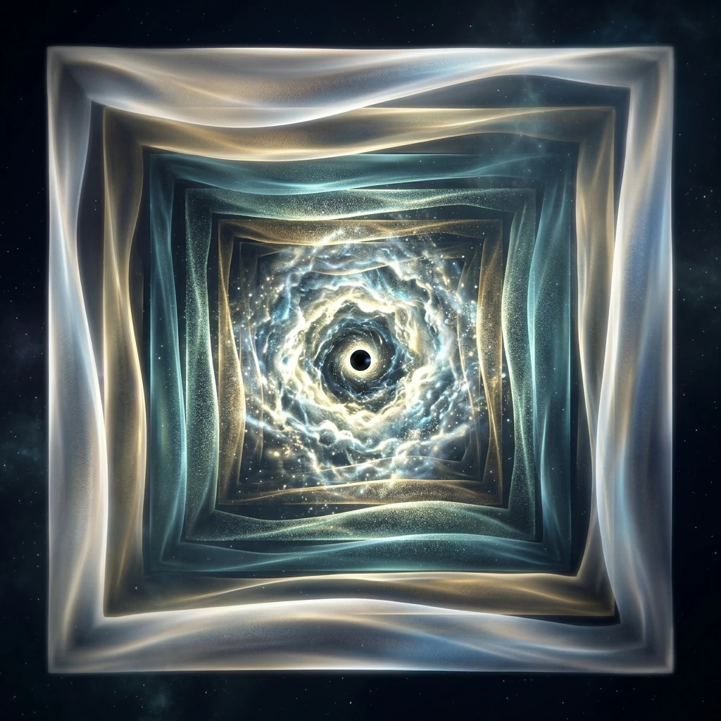 A vertiginous zoom dive rendered as nested translucent frames plunging toward the infinitesimal, the outermost frames smooth glowing fabric, the middle frames beginning to shimmer and grain, and the innermost frame dissolving into a roiling luminous foam of disconnected sparks around a tiny black sphere