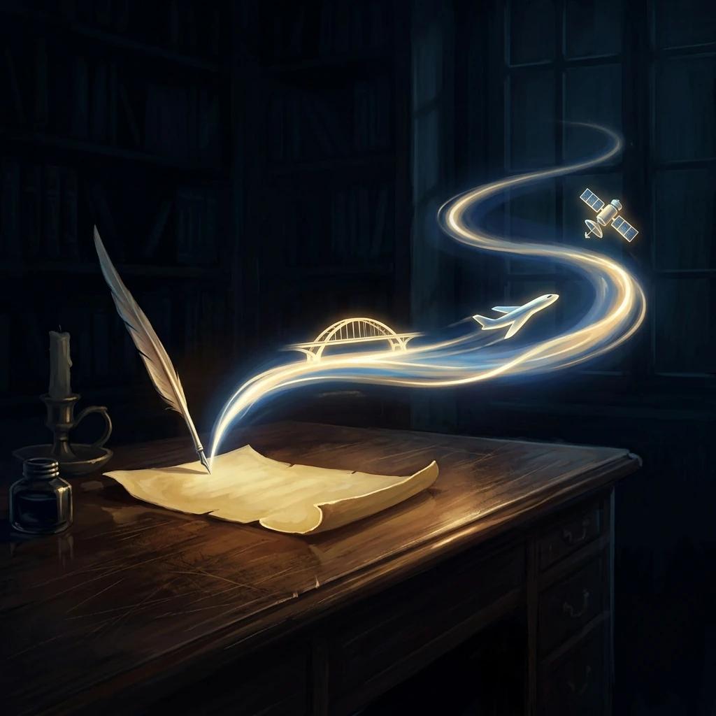 An antique wooden desk at night where a quill writes flowing lines of glowing calculus that lift off the page and become a single smooth river of light, the river winding away through darkness to carry a bridge, an aircraft and an orbiting satellite on its unbroken surface