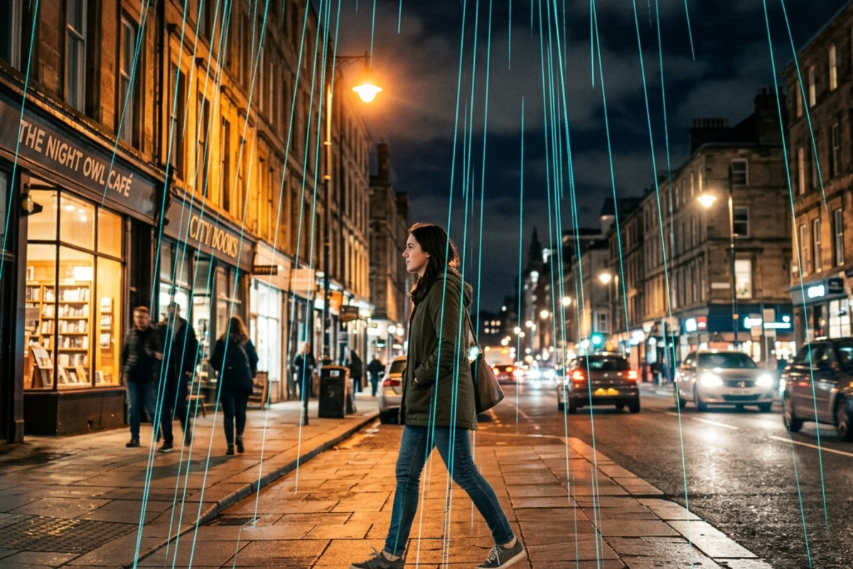 Cosmic ray muon tracks raining down through a city street at night, passing through buildings and people