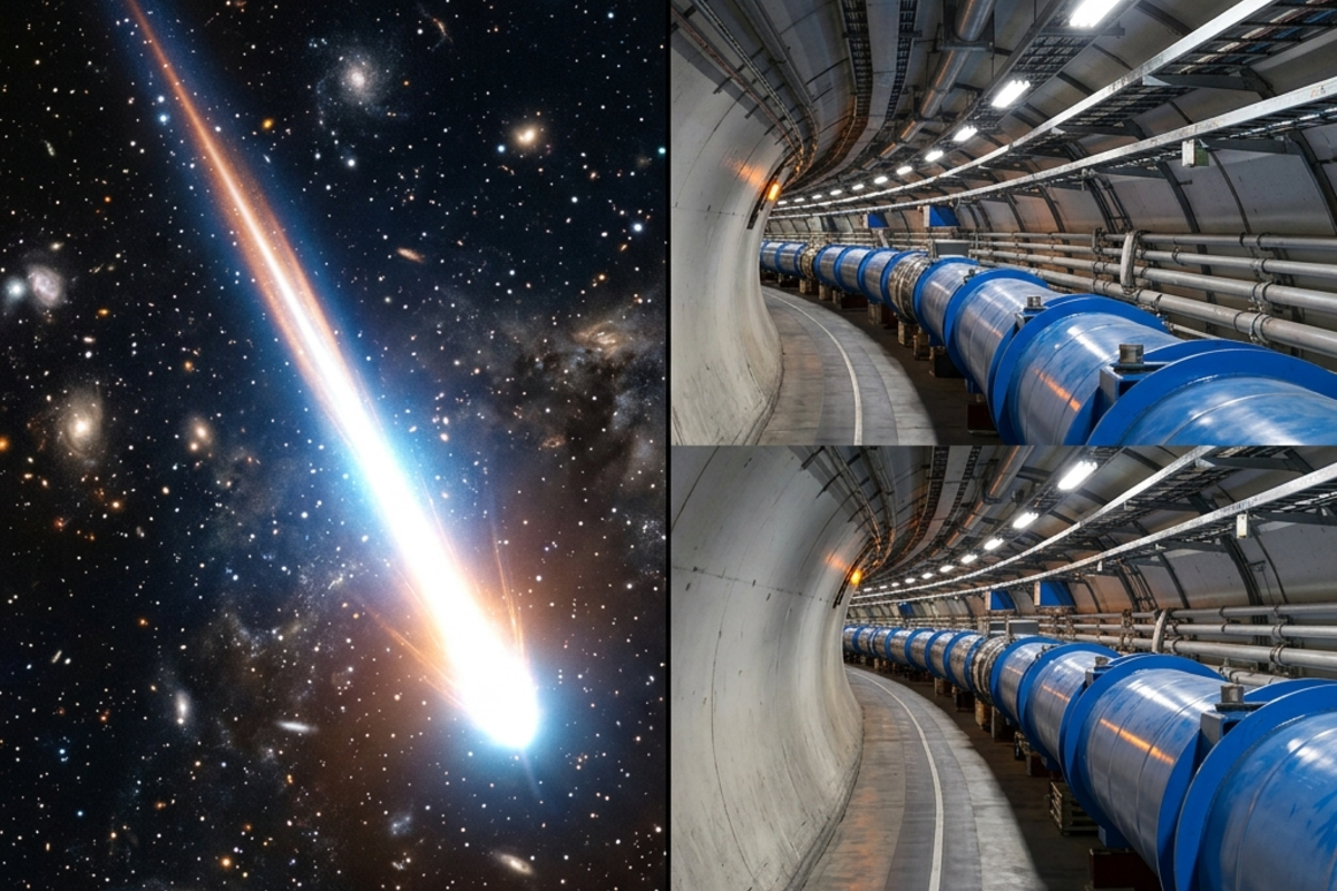 Comparison of a cosmic ray proton at extreme energy versus the LHC tunnel with circulating beams