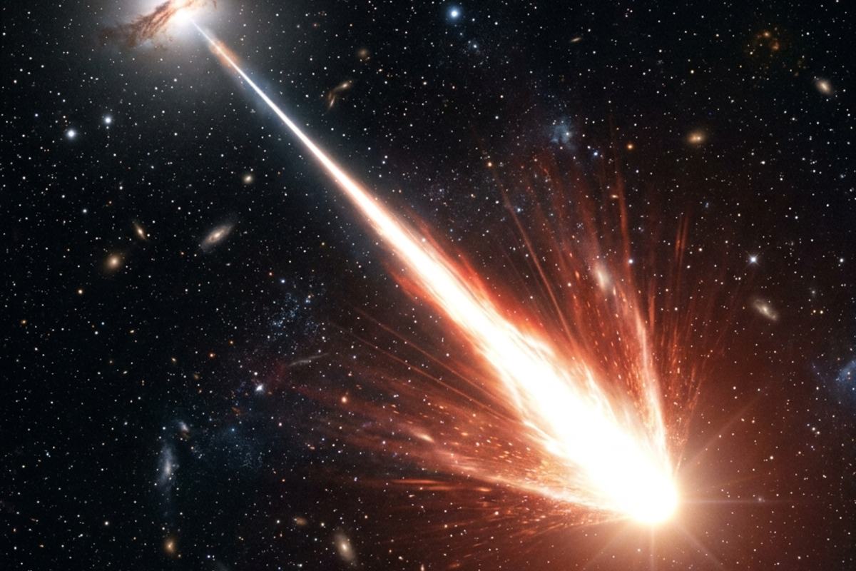 A single ultra-high-energy cosmic ray particle streaking through deep space with an intense glow
